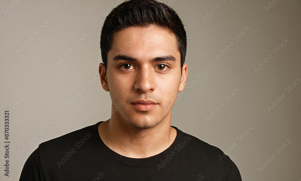 Fototapeta premium Young man with short dark hair wearing a black t-shirt in a studio setting