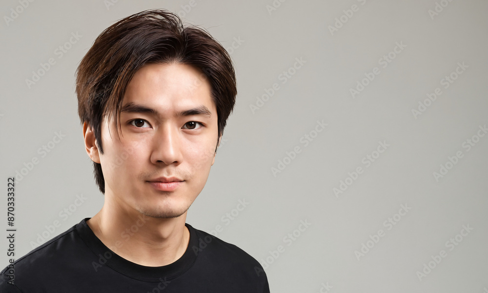Portrait of a young man with short dark hair against a grey background Portrait of a young man with short dark hair against a grey background