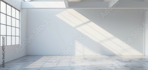 Bright empty room with large windows and sunlight streaming in  featuring clean white walls and a reflective concrete floor.