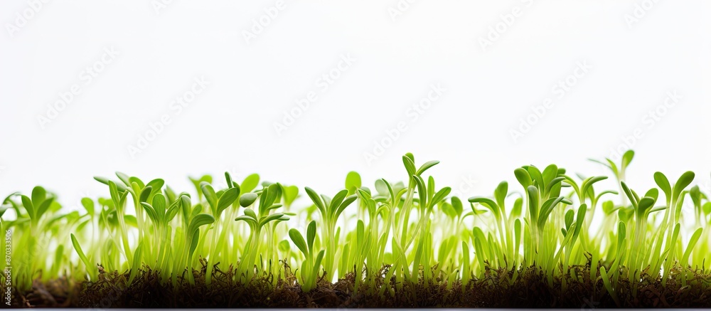 Obraz premium Close-up of micro-green sprouts on a white backdrop with ample copy space image, promoting a healthy diet and lifestyle.