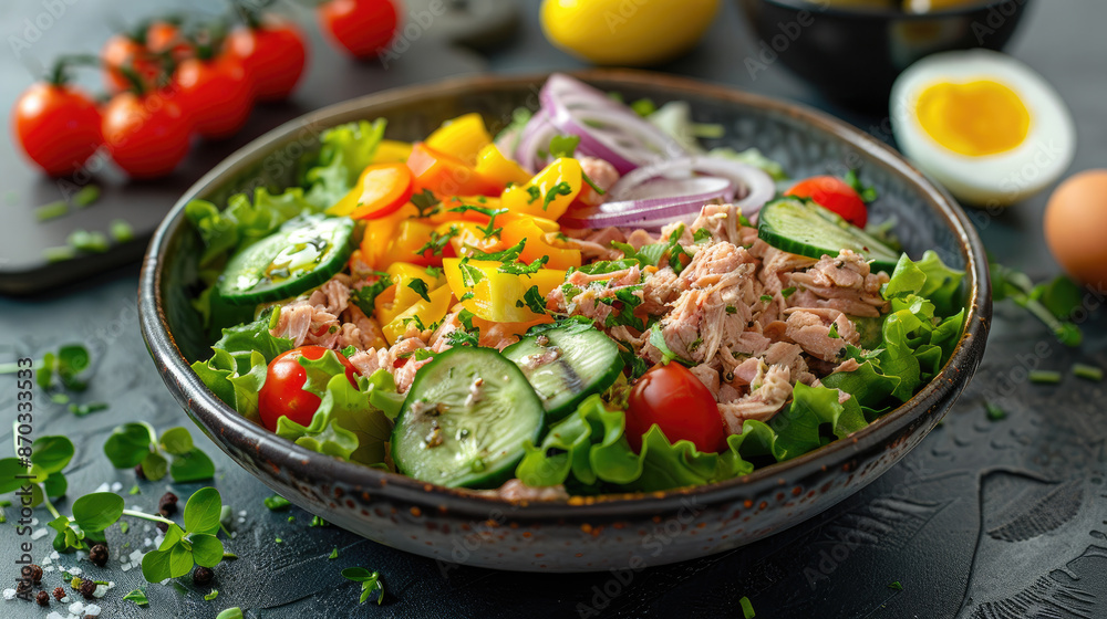Fresh Salad with lettuce leaves, tomatoes, tuna meat, cucumber, bell pepper half rings olive red onion and canned egg served on a dark marble ceramic plate table Fresh Salad with lettuce leaves, tomatoes, tuna meat, cucumber, bell pepper half rings olive red onion and canned egg served on a dark marble ceramic plate table