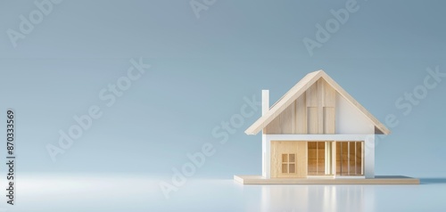 Minimalist small wooden house model on blue background, symbolizing modern architecture, real estate concepts, and sustainable living. © ruslee
