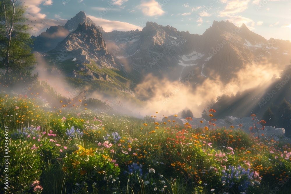 Fototapeta premium /imagine A picturesque mountain meadow in the early morning, with mist rising from the ground and the sun's rays breaking through, illuminating the wildflowers and the towering peaks beyond.
