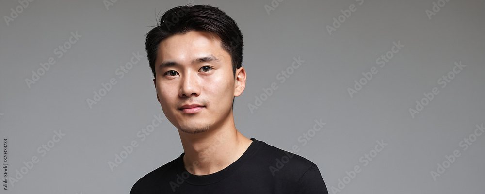 Portrait of a young man wearing a black t-shirt against a grey background Portrait of a young man wearing a black t-shirt against a grey background