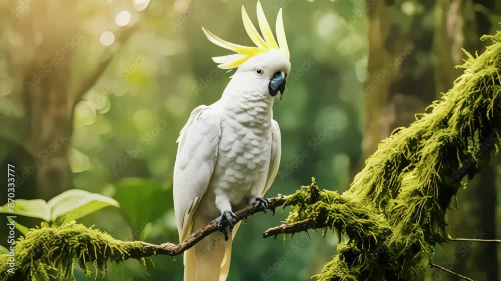 White cockatoo perches on mossy branch White cockatoo perches on mossy branch