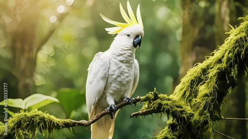 White cockatoo perches on mossy branch