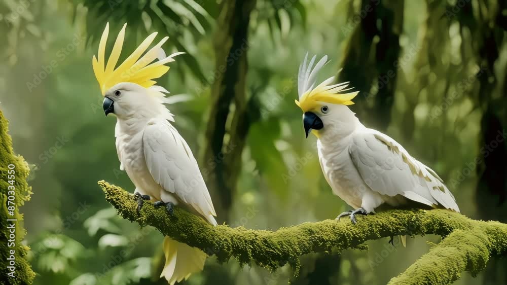 Two white cockatoos perch on a mossy branch Two white cockatoos perch on a mossy branch