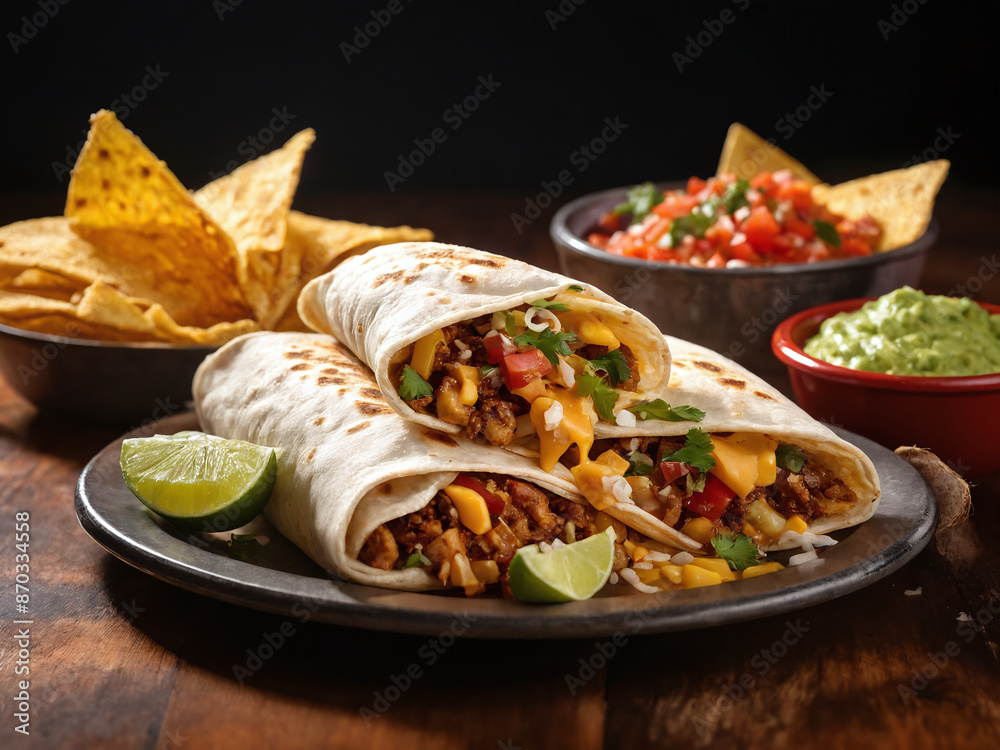 Delicious mexican burritos served with nachos, salsa, and guacamole Delicious mexican burritos served with nachos, salsa, and guacamole