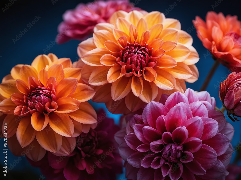 Obraz premium Vibrant orange and pink dahlias blooming in close up