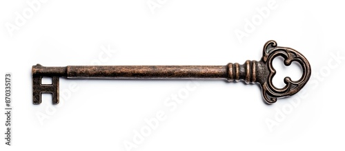 Isolated on a white background, an old rusty key casts a shadow. The picture provides ample copy space image for text or design.