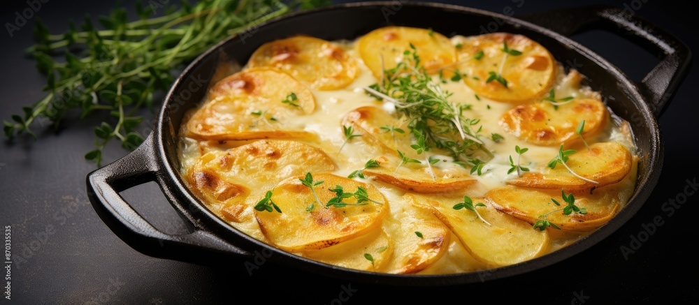 Potato gratin with cream and cheese, baked on a black slate background with copy space image. Potato gratin with cream and cheese, baked on a black slate background with copy space image.