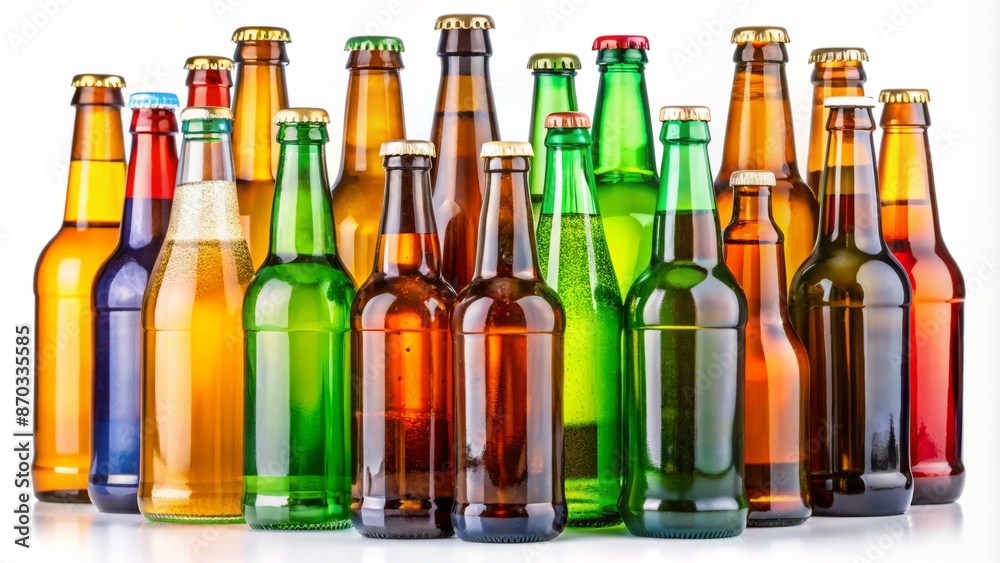 A Variety Of Beer Bottles In Different Colors And Sizes Are Arranged In A Row On A White Background. A Variety Of Beer Bottles In Different Colors And Sizes Are Arranged In A Row On A White Background.