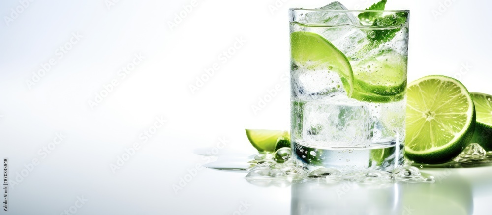 A photograph showing a gin and tonic drink with ice and lime, placed elegantly on a white surface, providing ample space for additional visual elements.