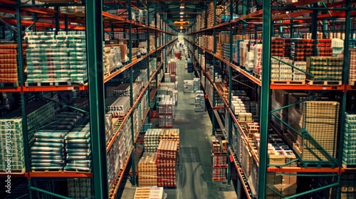 A focused view on bustling port warehouses brimming with cargo, showcasing shelves lined with goods and materials under efficient overhead lighting, Photography style © Kinto
