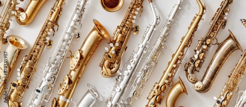 A variety of saxophones, in...