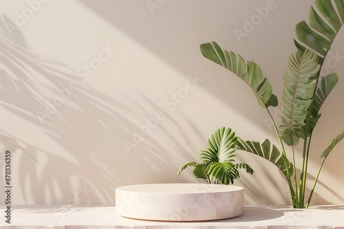 Minimal Display Podium with Summer Season Botanical Background Concept for Web Banner and Mockup