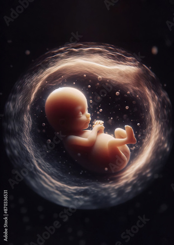 A baby is laying in a womb with a dark background