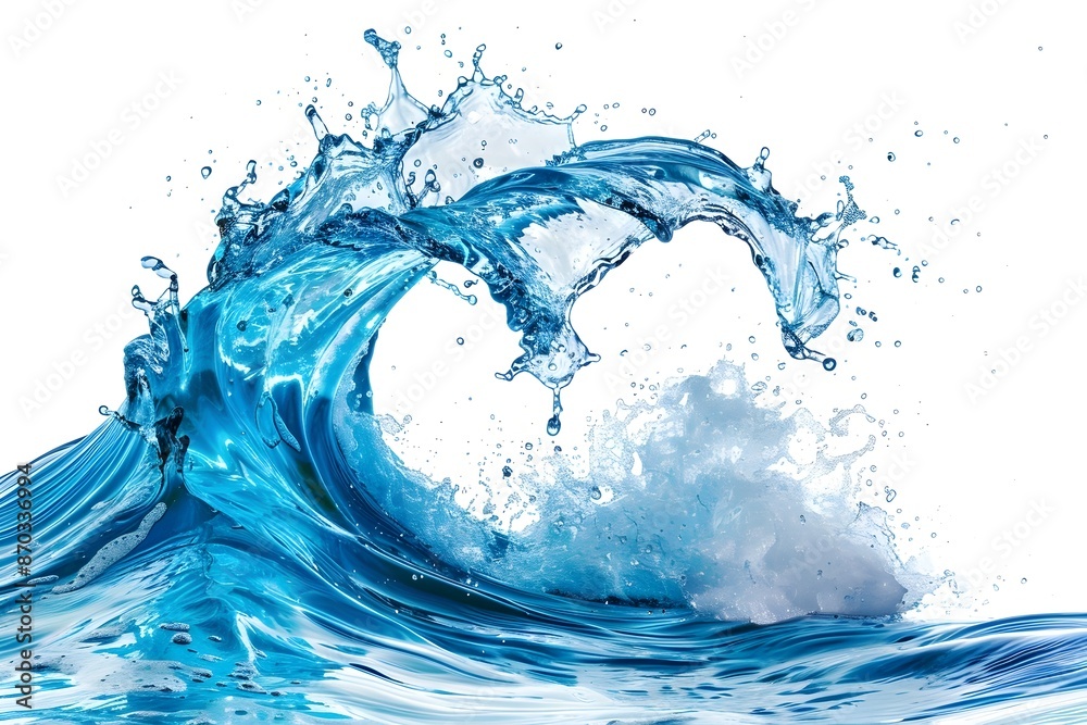 Obraz premium Swirling Blue Water Splash with Flowing Bubbles on White Background