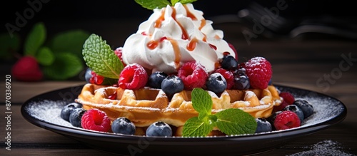Delicious waffles topped wi...