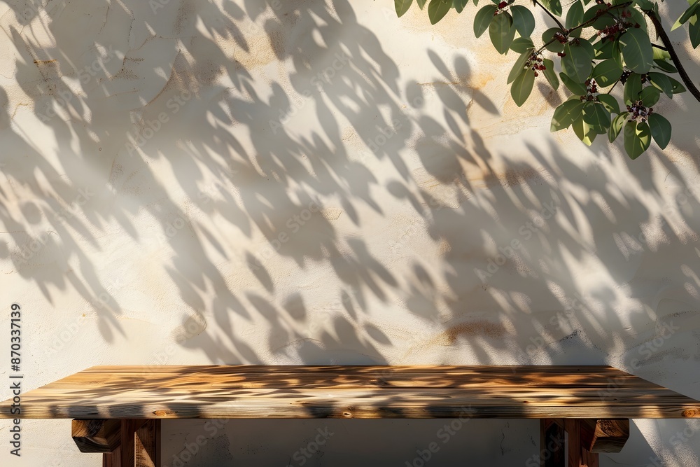 Naklejka premium Minimalist Wooden Tabletop with Lush Leaf Shadows on Beige Wall Backdrop