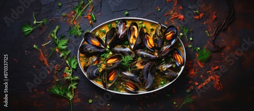 Plate of seafood mussels in...