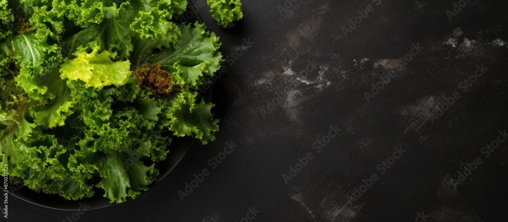 Fototapeta premium Top view of salad leaves mixed in a black bowl on a dark slate, stone, or concrete surface, with ample copy space image.