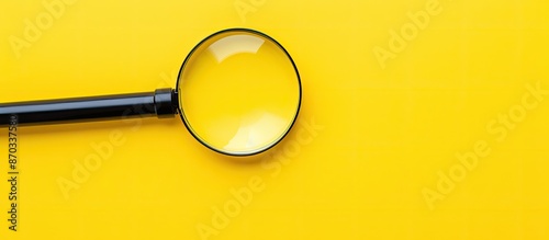 Top view of a magnifying glass focusing on a terminology word on a bright yellow background with ample copy space image. photo