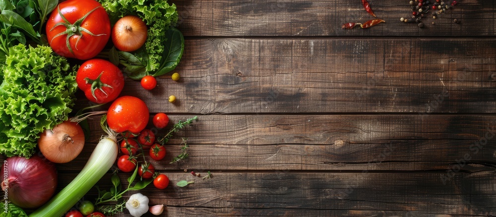 Wooden background adorned with a variety of fresh vegetables like leeks, tomatoes, bell peppers, onions, lamb's lettuce, and herbs, with ample copy space image.