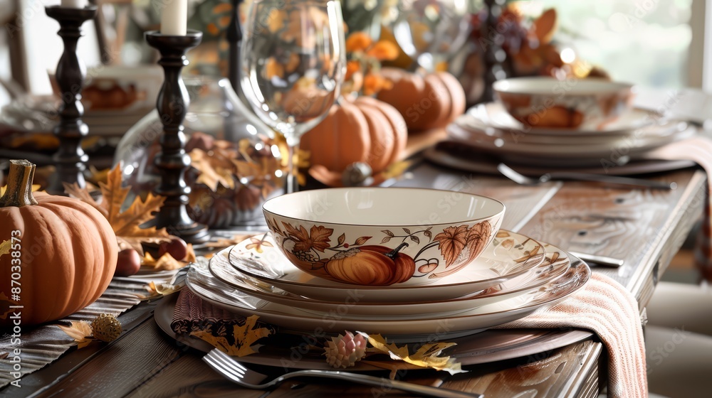 Naklejka premium Elegant Autumn Table Setting with Pumpkins