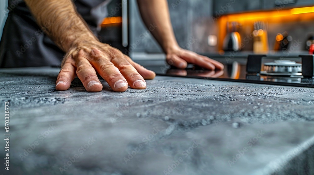 new countertop is installed in a modern kitchen. A persons hands are seen on the new surface new countertop is installed in a modern kitchen. A persons hands are seen on the new surface