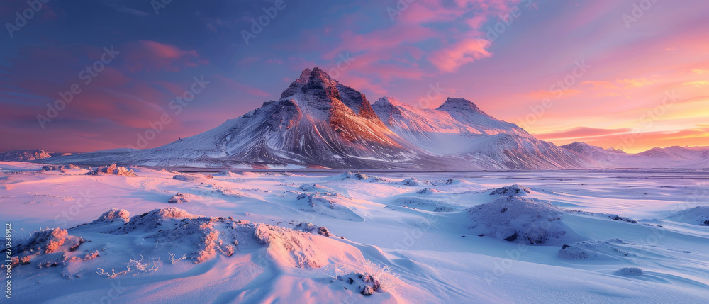 wide view of Icelandic snow covered mountain peaks with thick snow on the ground and wispy clouds in the sky wide view of Icelandic snow covered mountain peaks with thick snow on the ground and wispy clouds in the sky