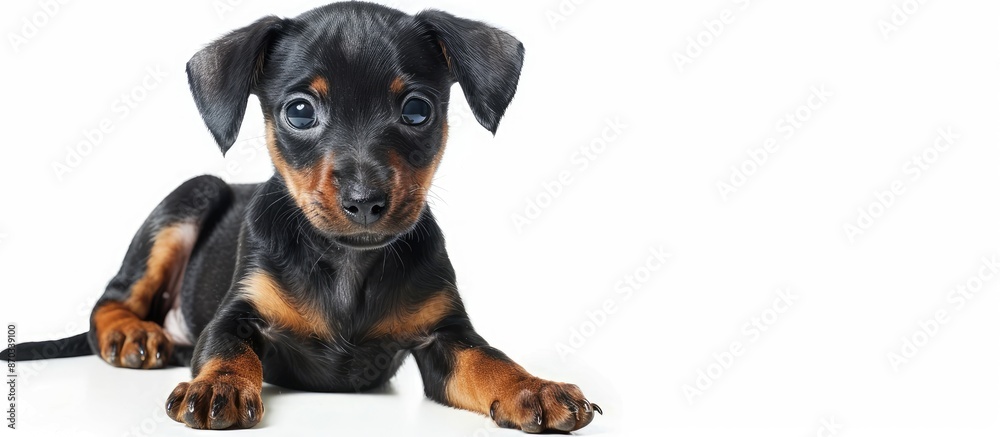 A juvenile Zwergpinscher pup against a white backdrop, highlighting a blank area for emphasis, perfect for showcasing a picture. with copy space image. Place for adding text or design A juvenile Zwergpinscher pup against a white backdrop, highlighting a blank area for emphasis, perfect for showcasing a picture. with copy space image. Place for adding text or design
