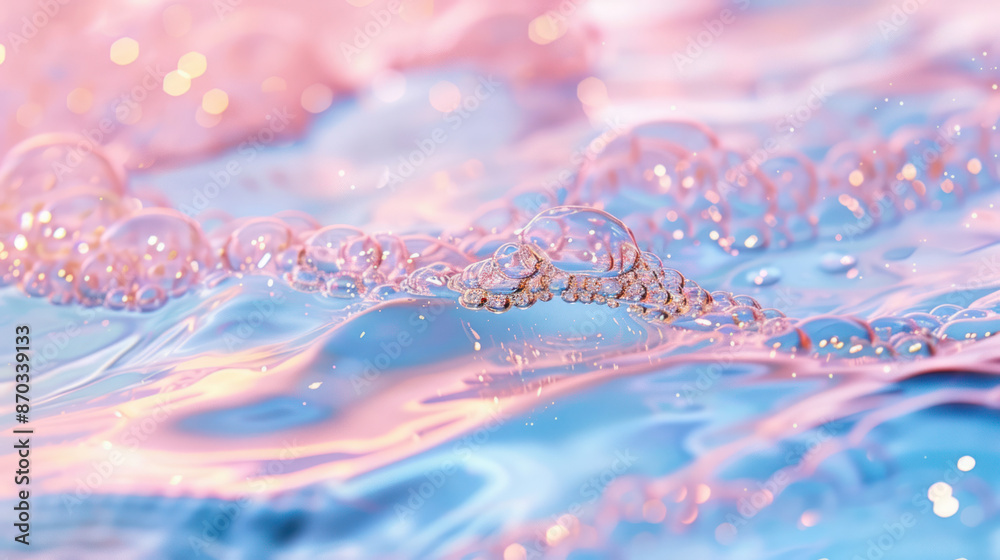 A close-up image of sparkling water with delicate bubbles, shimmering with gold glitter, in a pastel blue and pink hue A close-up image of sparkling water with delicate bubbles, shimmering with gold glitter, in a pastel blue and pink hue
