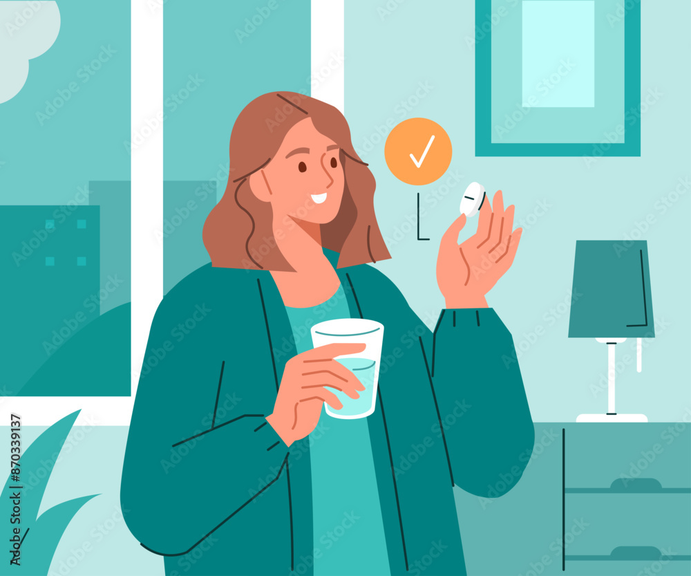 Woman at home taking medical pill correctly with glass water. Vector illustration. Woman at home taking medical pill correctly with glass water. Vector illustration.