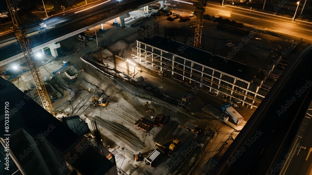 Construction Site Illuminated at Night with Cranes and Industrial Equipment Construction Site Illuminated at Night with Cranes and Industrial Equipment
