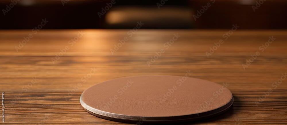 Beverage coaster in light brown shade placed on a dark brown table creating copy space image.