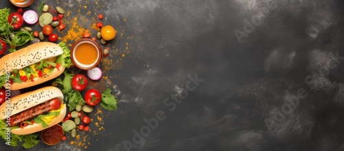 Wallpaper Mural Top view of a selection of hot dogs topped with fresh vegetables and condiments on a textured stone surface with empty space for text or graphics. with copy space image Torontodigital.ca