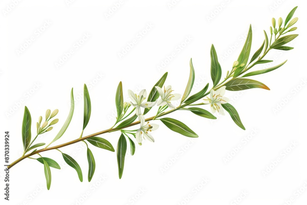 Olive Branch with White Flowers and Green Leaves Isolated on White Background Olive Branch with White Flowers and Green Leaves Isolated on White Background