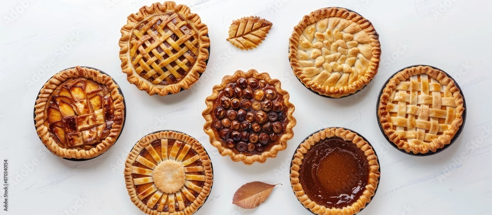 Top-down view of a selection of Thanksgiving apple and pumpkin pies on a white background with copy space. Traditional fall homemade pies for the autumn holiday.