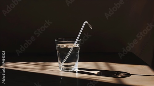 Elegant Glass of Water with Ice and Straw on Wooden Table