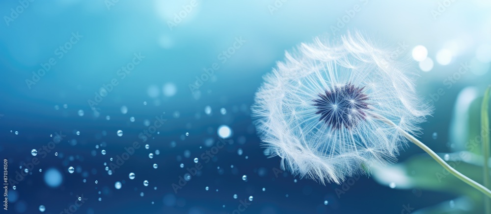 A dandelion seed covered in water droplets against a dreamy backdrop with a copy space image for your design, ideal for a web banner. A dandelion seed covered in water droplets against a dreamy backdrop with a copy space image for your design, ideal for a web banner.