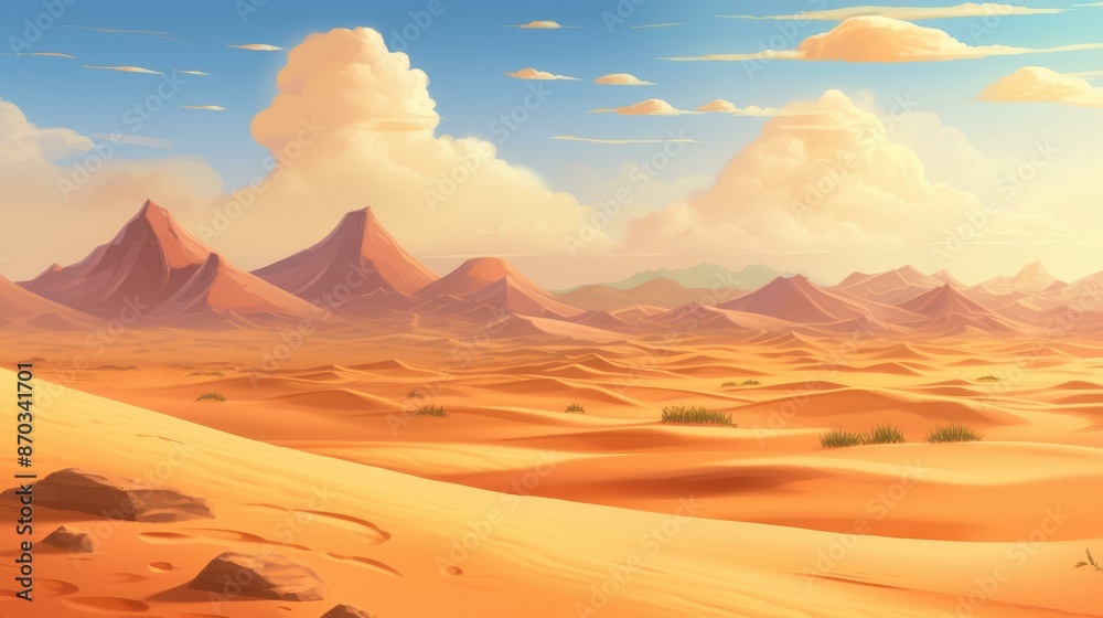 Naklejka premium Majestic sand dunes glowing in sunlight, casting captivating shadows.