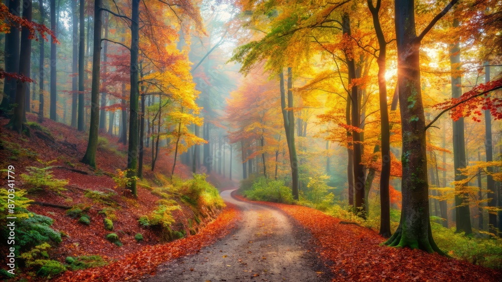 Fototapeta premium Mystical Autumn Forest With A Road Going Through It