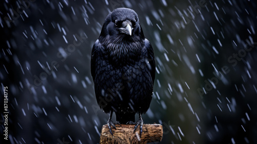 A brave crow stands defiant in a thunderstorm, showcasing resilience with rainsoaked feathers. photo