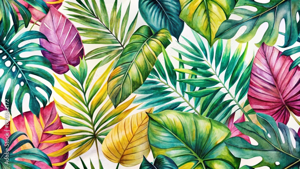 Naklejka premium Vibrant, exotic, and lush tropical leaves in shades of green, pink, and yellow, on a soft watercolor background, isolated on white.