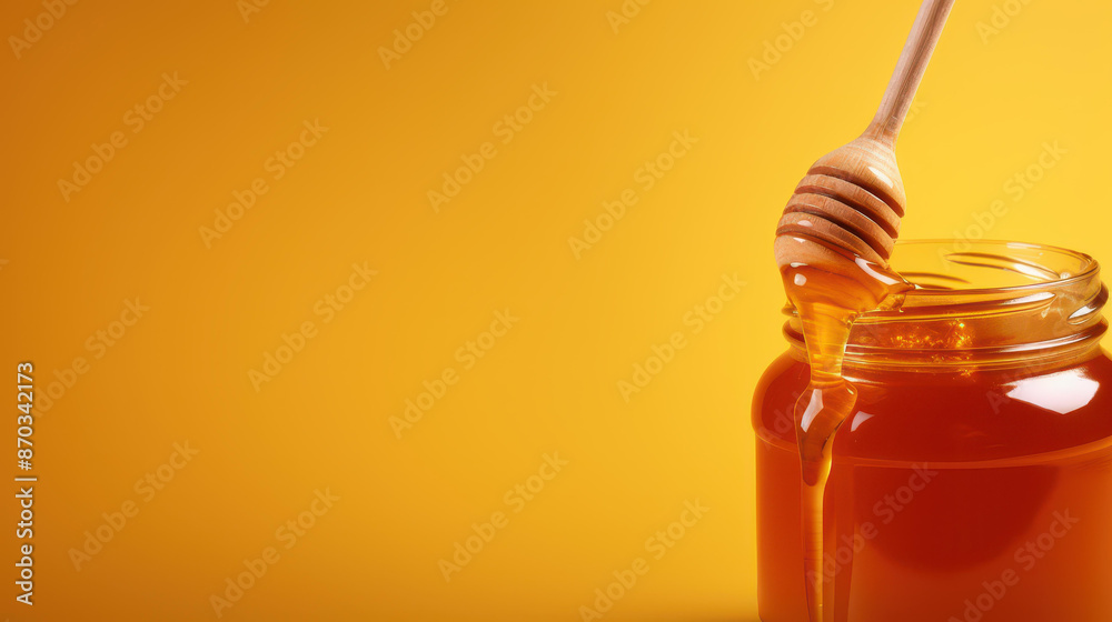 Sweet honey in a glass jar with a wooden dipper on a vibrant yellow backdrop. Sweet honey in a glass jar with a wooden dipper on a vibrant yellow backdrop.