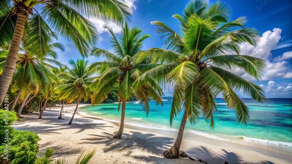Palm trees sway gently in the breeze, overlooking a serene turquoise ocean surrounded by lush greenery and powdery white sand beach. Palm trees sway gently in the breeze, overlooking a serene turquoise ocean surrounded by lush greenery and powdery white sand beach.