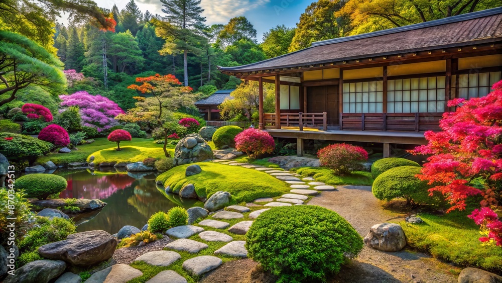 Obraz premium A Beautiful Japanese Garden With A Traditional House, Pond, And Colorful Trees