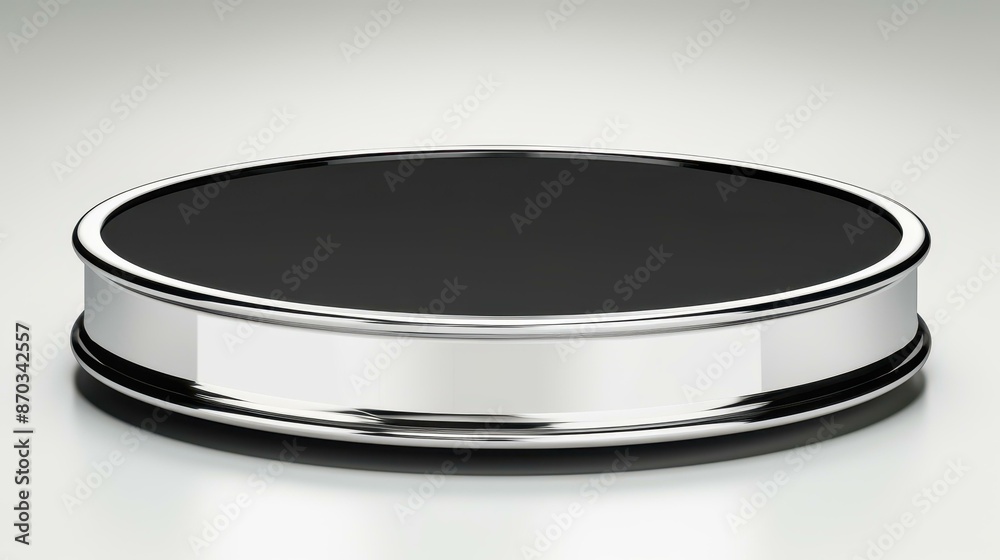 Sleek black round podium with chrome rim on white background, ideal for showcasing products or presentations. Sleek black round podium with chrome rim on white background, ideal for showcasing products or presentations.