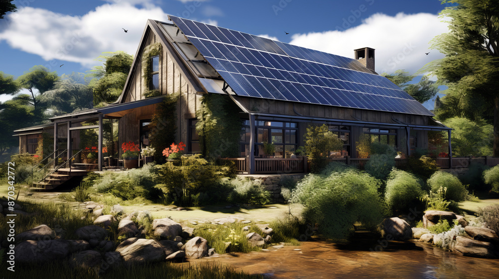 A rural house equipped by solar panels, showcasing the use of renewable energy sources. A rural house equipped by solar panels, showcasing the use of renewable energy sources.